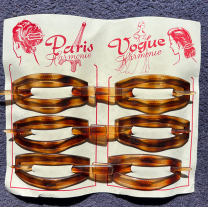 Job Lot of 4 Sheets of 6 1950s French  Amber Plastic Hair Barrettes - slightly worn.