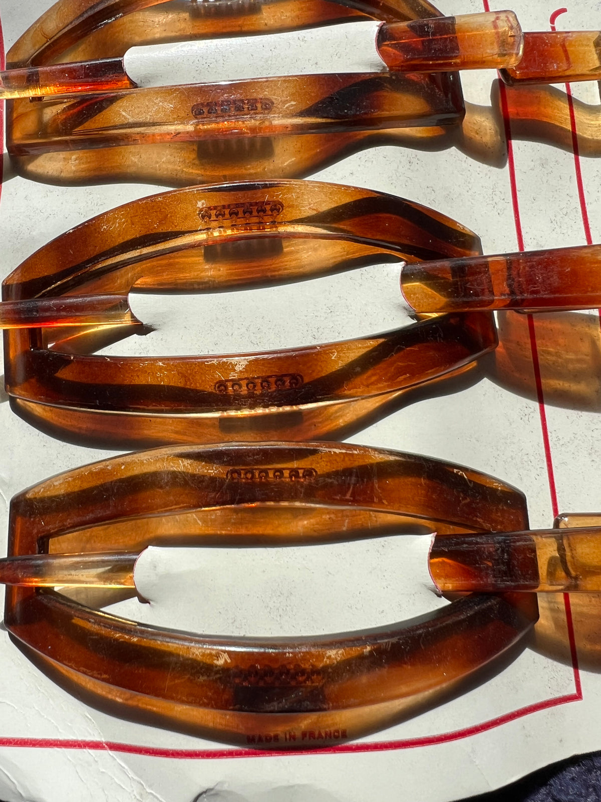 Job Lot of 4 Sheets of 6 1950s French  Amber Plastic Hair Barrettes - slightly worn.