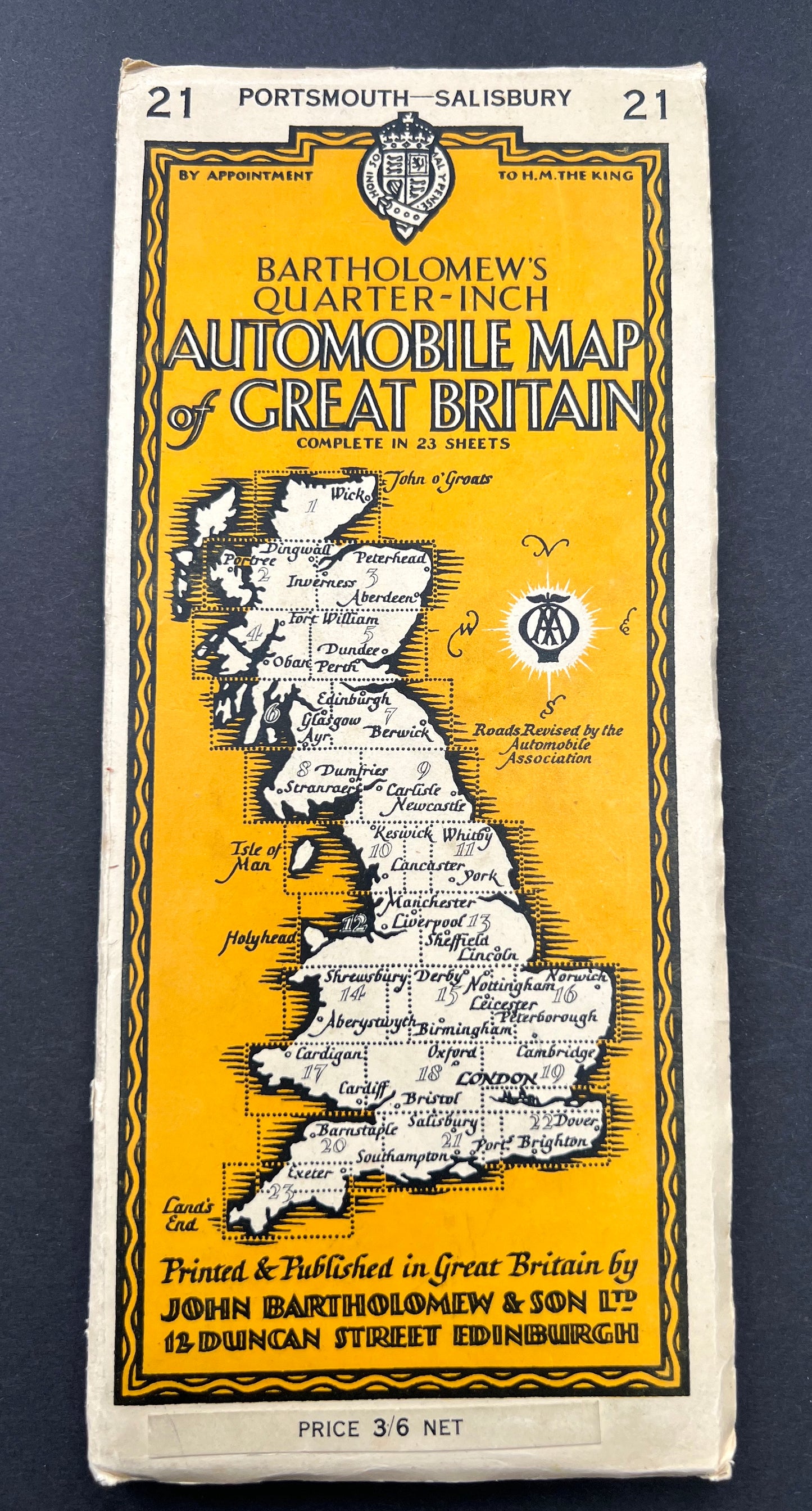 1940s PORTSMOUTH - SALISBURY (21) Bartholomew's Quarter Inch Automobile Map of Great Britain