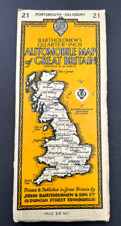 1940s PORTSMOUTH - SALISBURY (21) Bartholomew's Quarter Inch Automobile Map of Great Britain