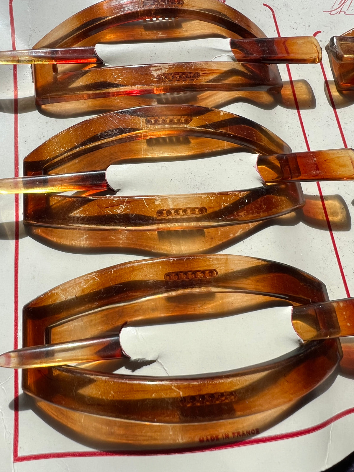 Job Lot of 4 Sheets of 6 1950s French  Amber Plastic Hair Barrettes - slightly worn.