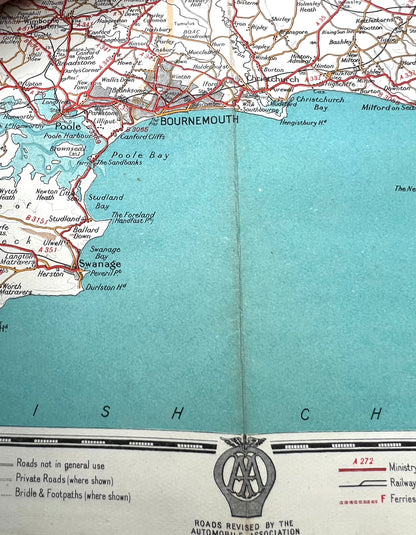 1940s PORTSMOUTH - SALISBURY (21) Bartholomew's Quarter Inch Automobile Map of Great Britain