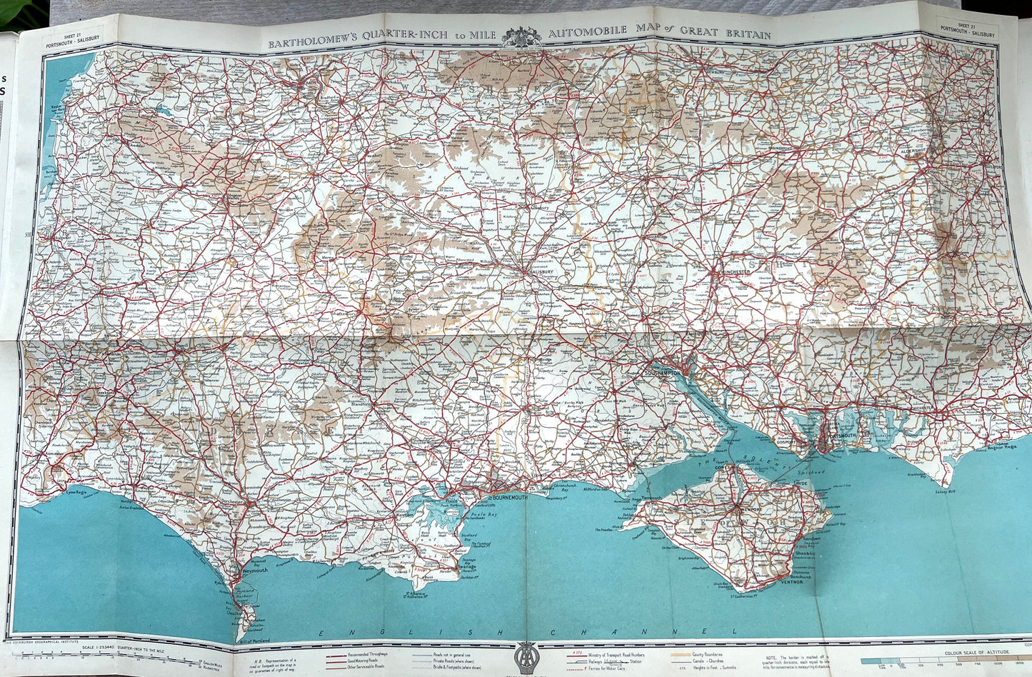 1940s PORTSMOUTH - SALISBURY (21) Bartholomew's Quarter Inch Automobile Map of Great Britain