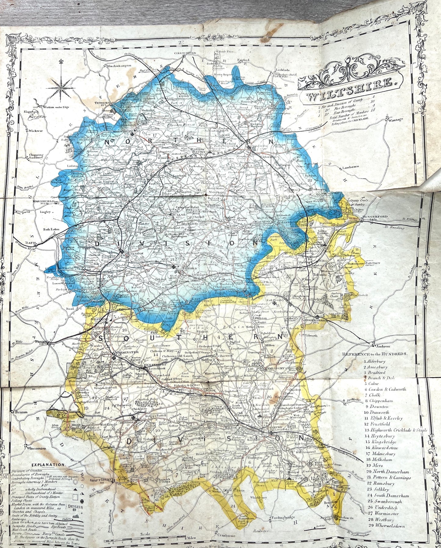 Fascinating 1800s Political Map of Wiltshire with it's railways.