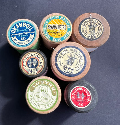 7 Old Wooden Cotton Reels with Good Labels