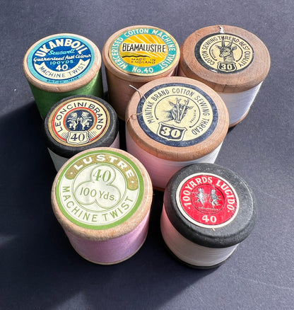 7 Old Wooden Cotton Reels with Good Labels