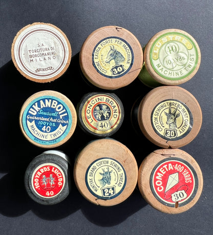 9 Old Wooden Cotton Reels with Good Labels