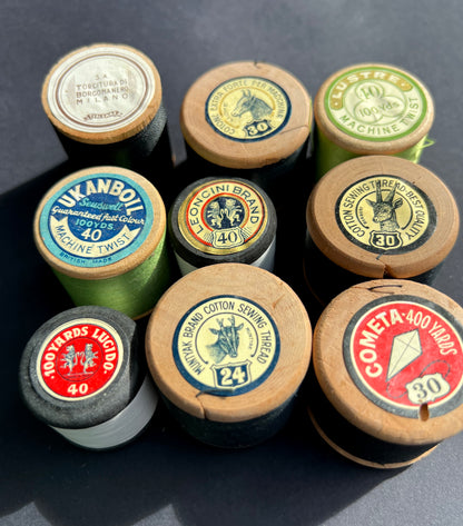 9 Old Wooden Cotton Reels with Good Labels