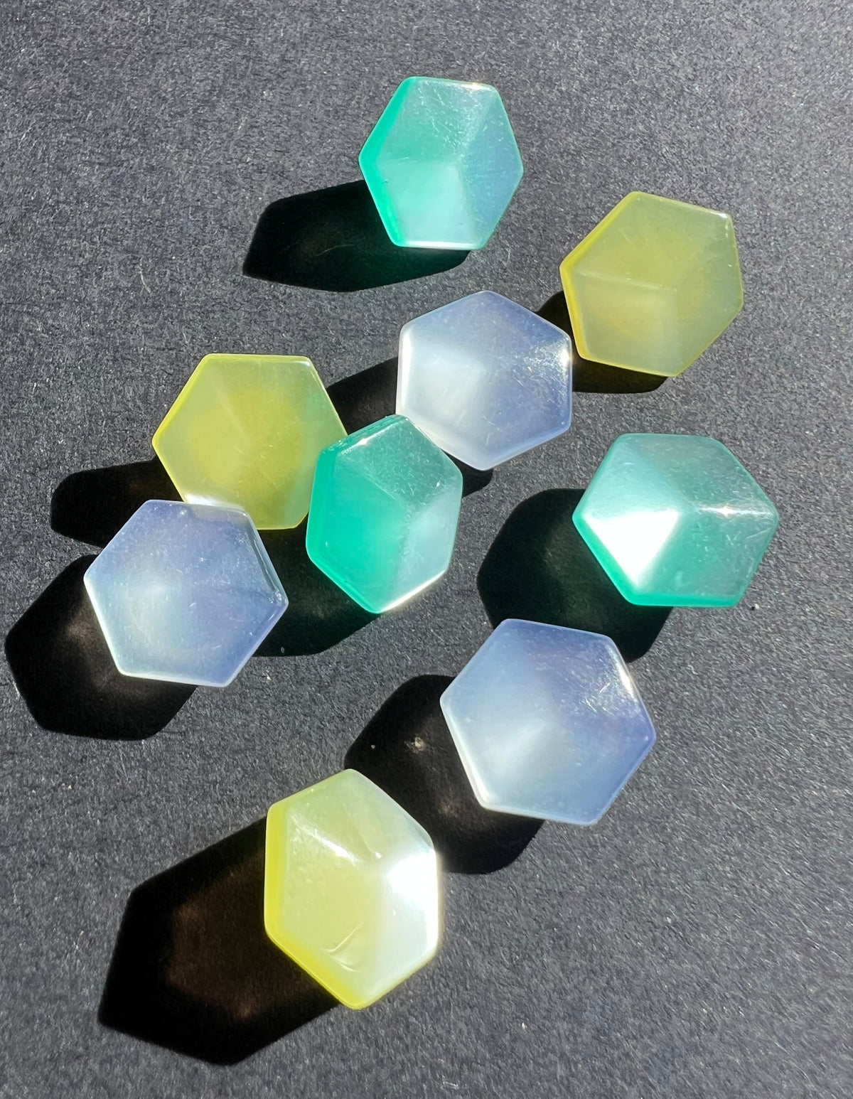 9 Little 1cm Hexagon Shaped Shimmery Multicoloured Buttons