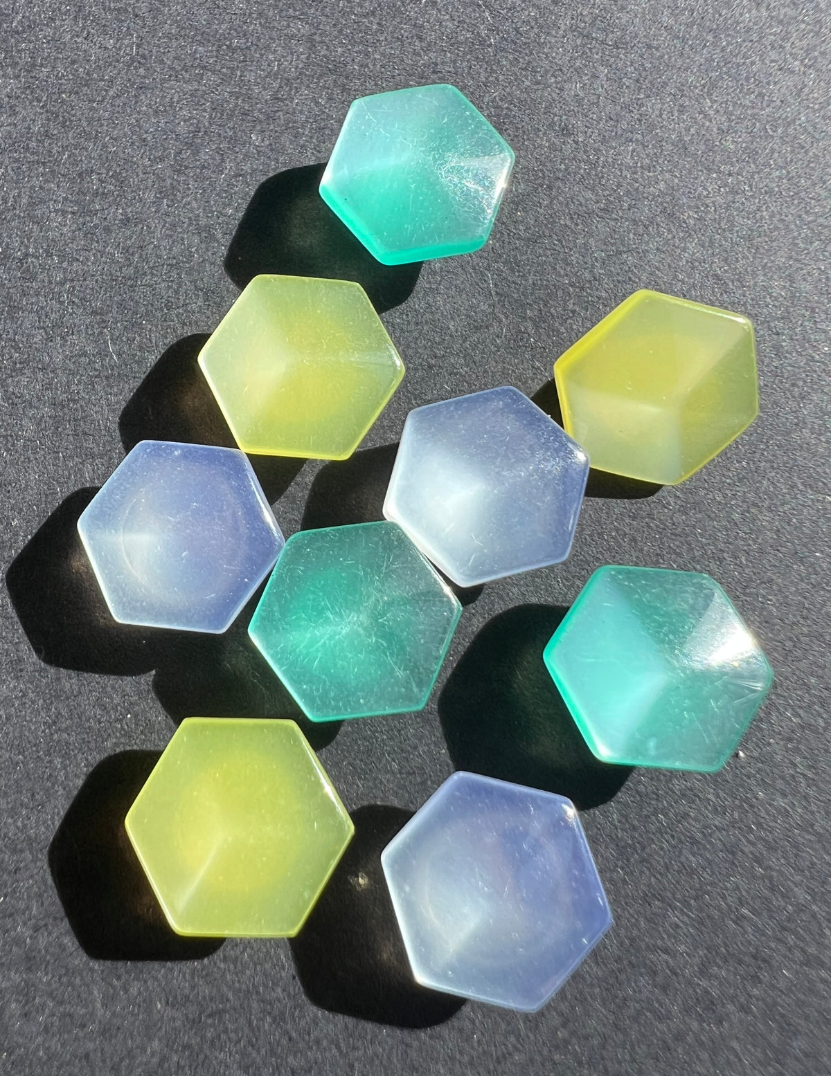 9 Little 1cm Hexagon Shaped Shimmery Multicoloured Buttons