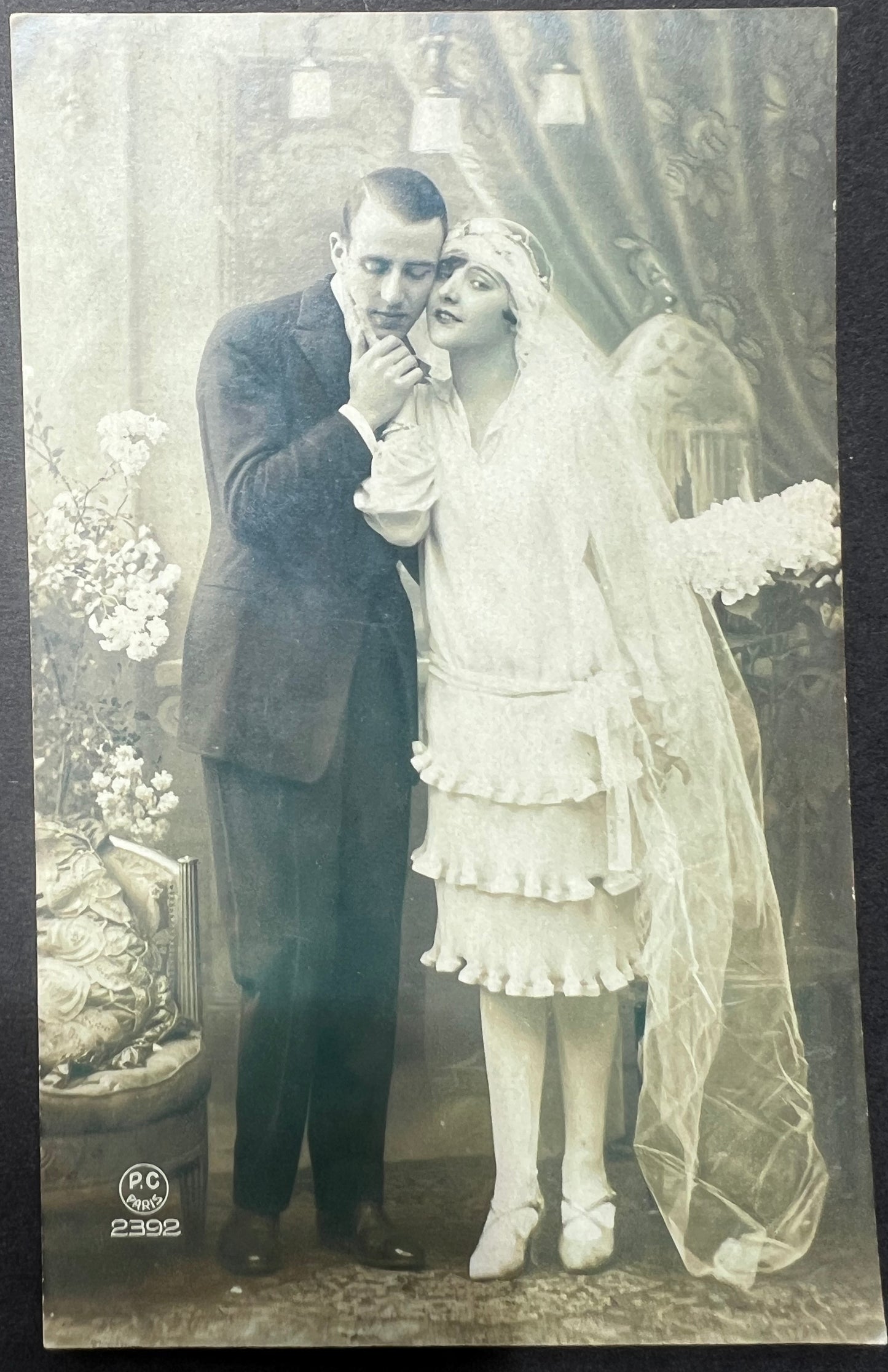 A 1920s French Bride and Groom Postcard with Savvy Bride.