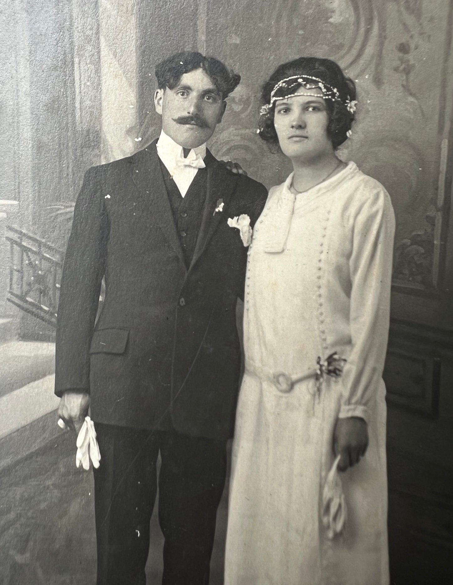 1920s French Studio Wedding Photo of Perfectly Matched Couple