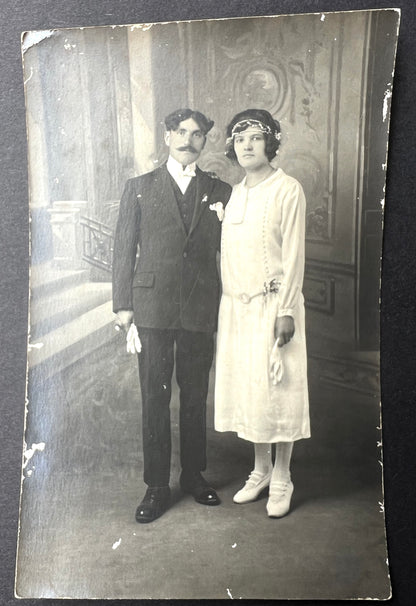 1920s French Studio Wedding Photo of Perfectly Matched Couple