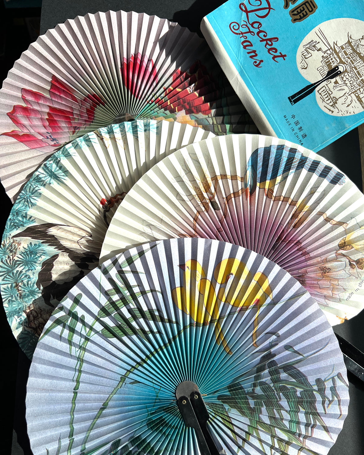 Box of 9 Vintage Fold Up Portable Pocket Fans - slightly flawed.
