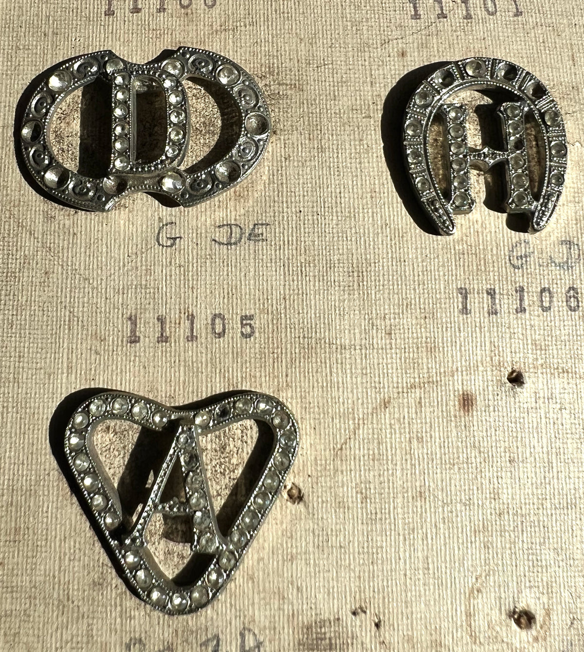 1930s Sheet of 12 Initial Clips that Need Some Crystals Replacing