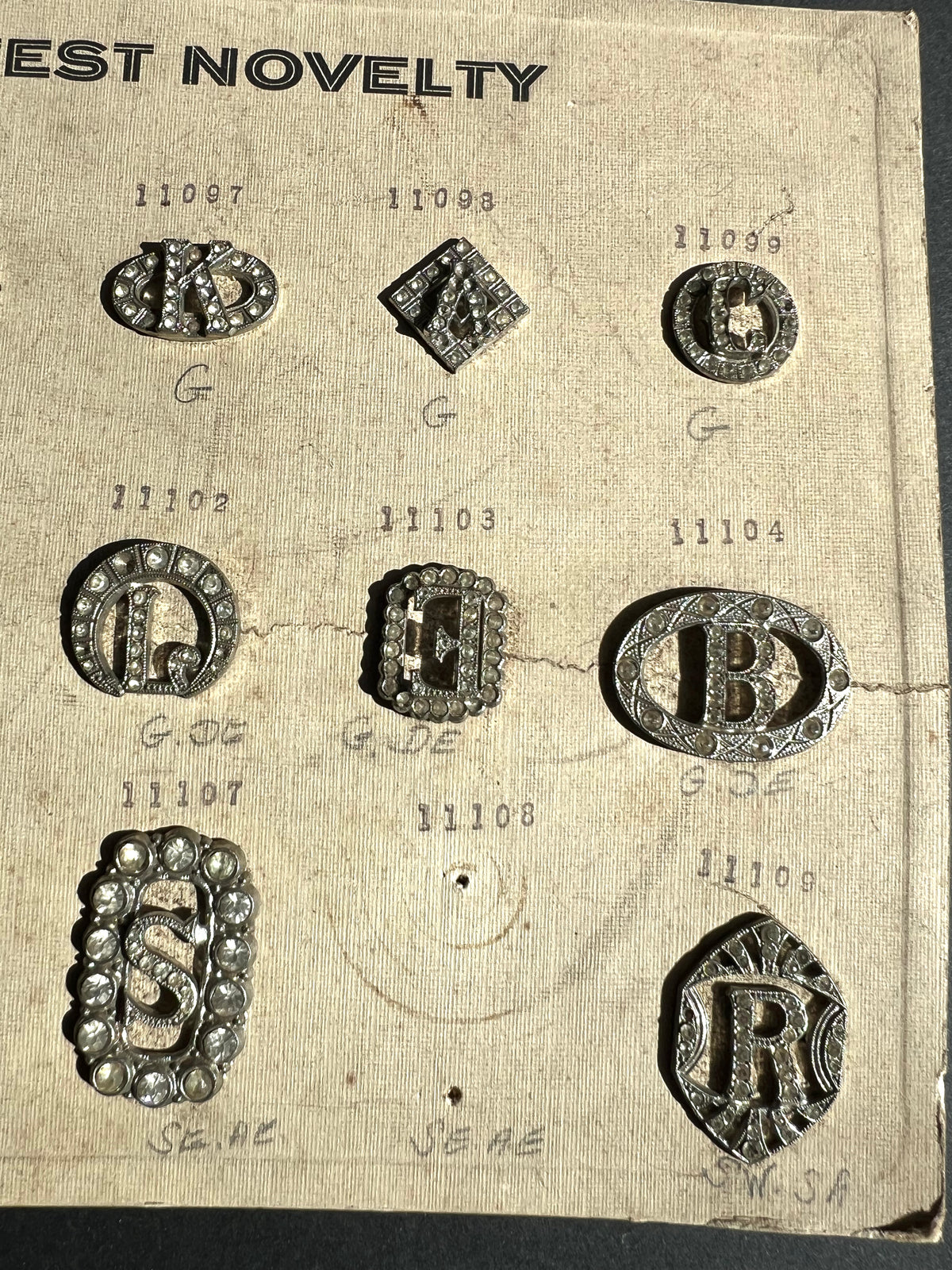 1930s Sheet of 12 Initial Clips that Need Some Crystals Replacing