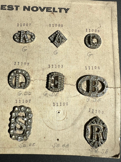 1930s Sheet of 12 Initial Clips that Need Some Crystals Replacing