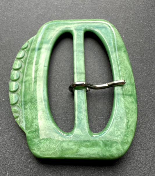 Smudged Grass green Curved and Carved 1940s 6cm Tall Belt Buckle