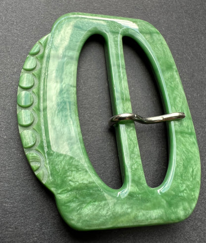 Smudged Grass green Curved and Carved 1940s 6cm Tall Belt Buckle