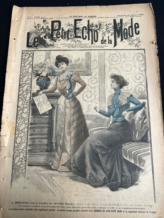 Perusing Dress Patterns on Cover of 27th January 1901  French Le Petit Echo de la Mode incl. Wedding Dress