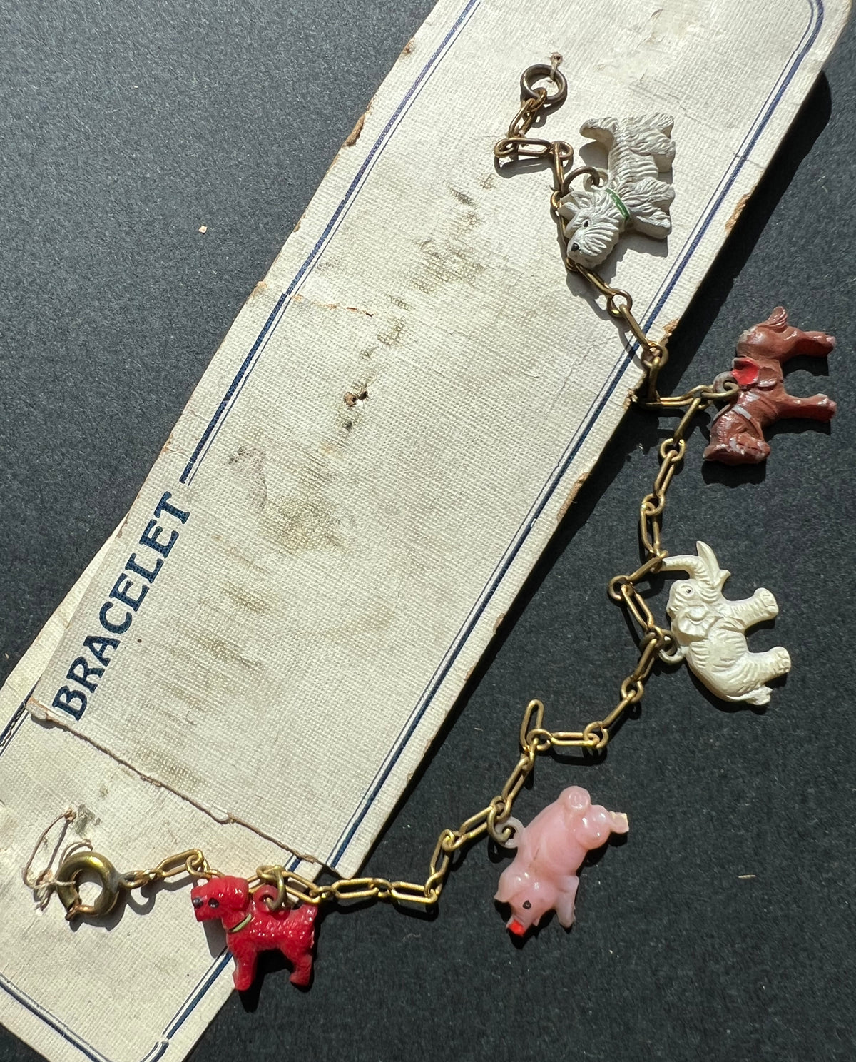 Delightful 1940s Charm Bracelet with 5 Celluloid Animal Charms