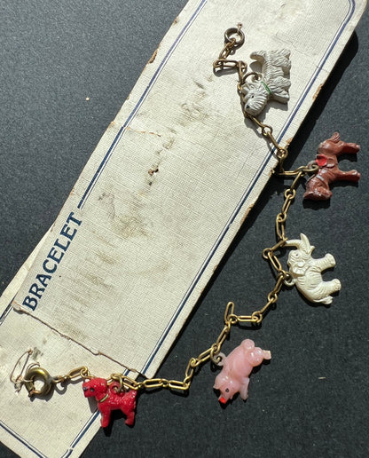 Delightful 1940s Charm Bracelet with 5 Celluloid Animal Charms