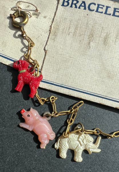 Delightful 1940s Charm Bracelet with 5 Celluloid Animal Charms