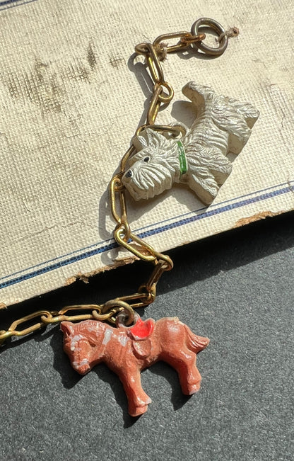 Delightful 1940s Charm Bracelet with 5 Celluloid Animal Charms