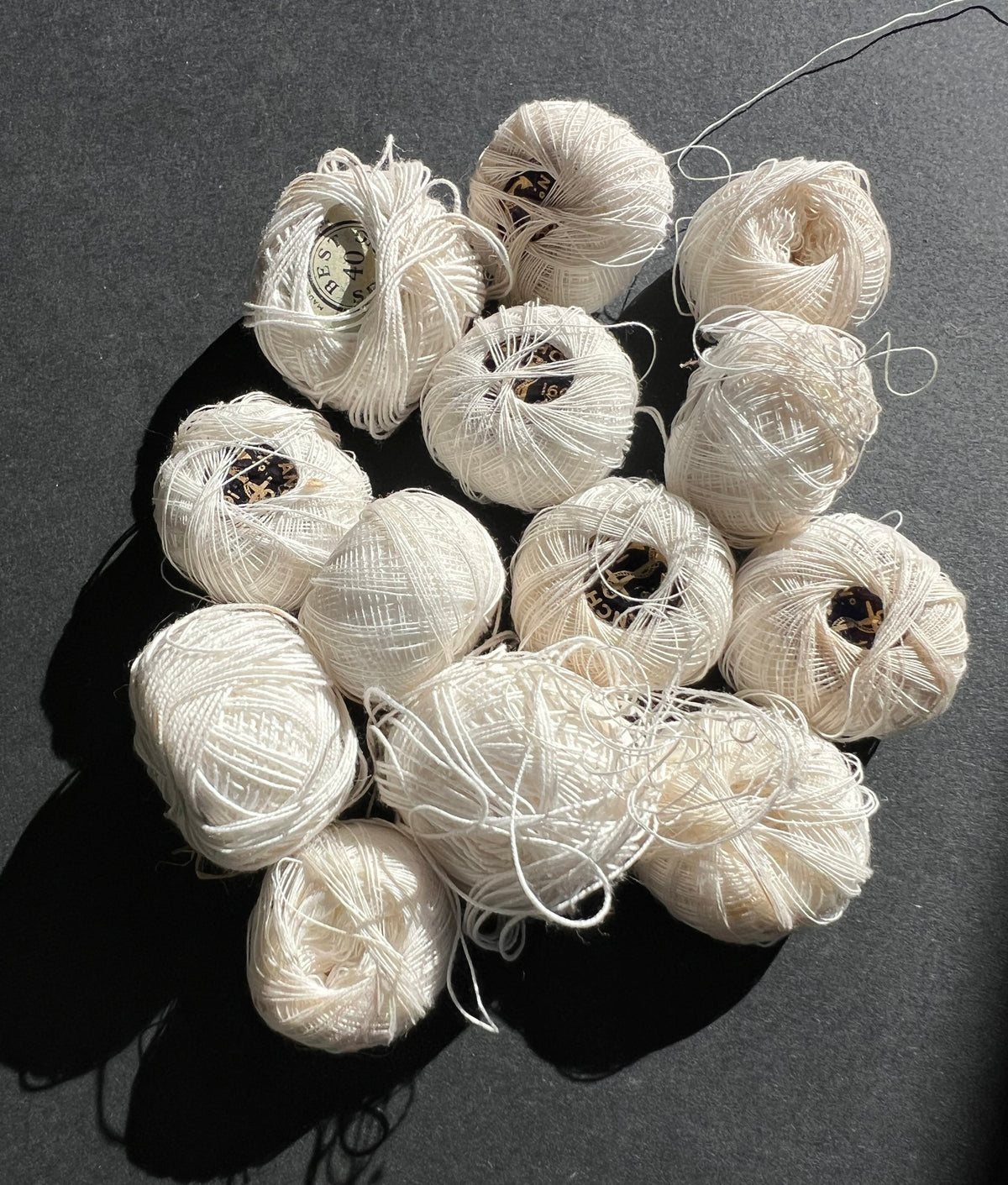 14 Vintage balls of White Cotton - 2 Types - 1 Thick, 1 Thin.