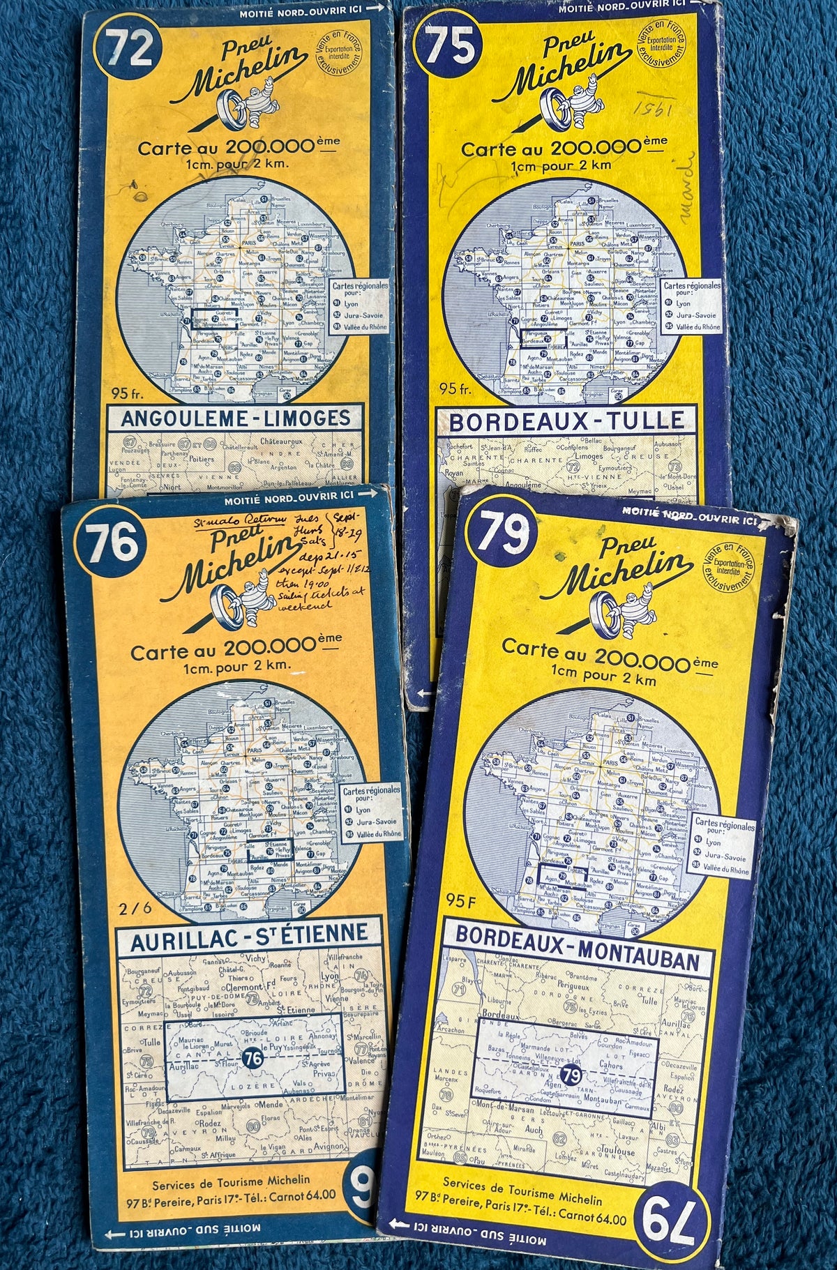 4 French 1940s Michelin Maps of West and Central France
