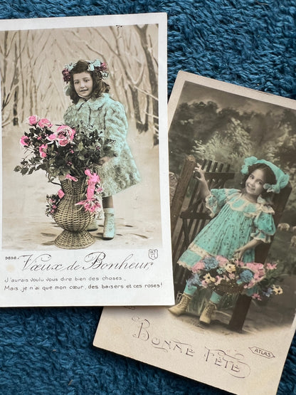 7 Pretty Early C20th French Postcards of Children with Flowers.