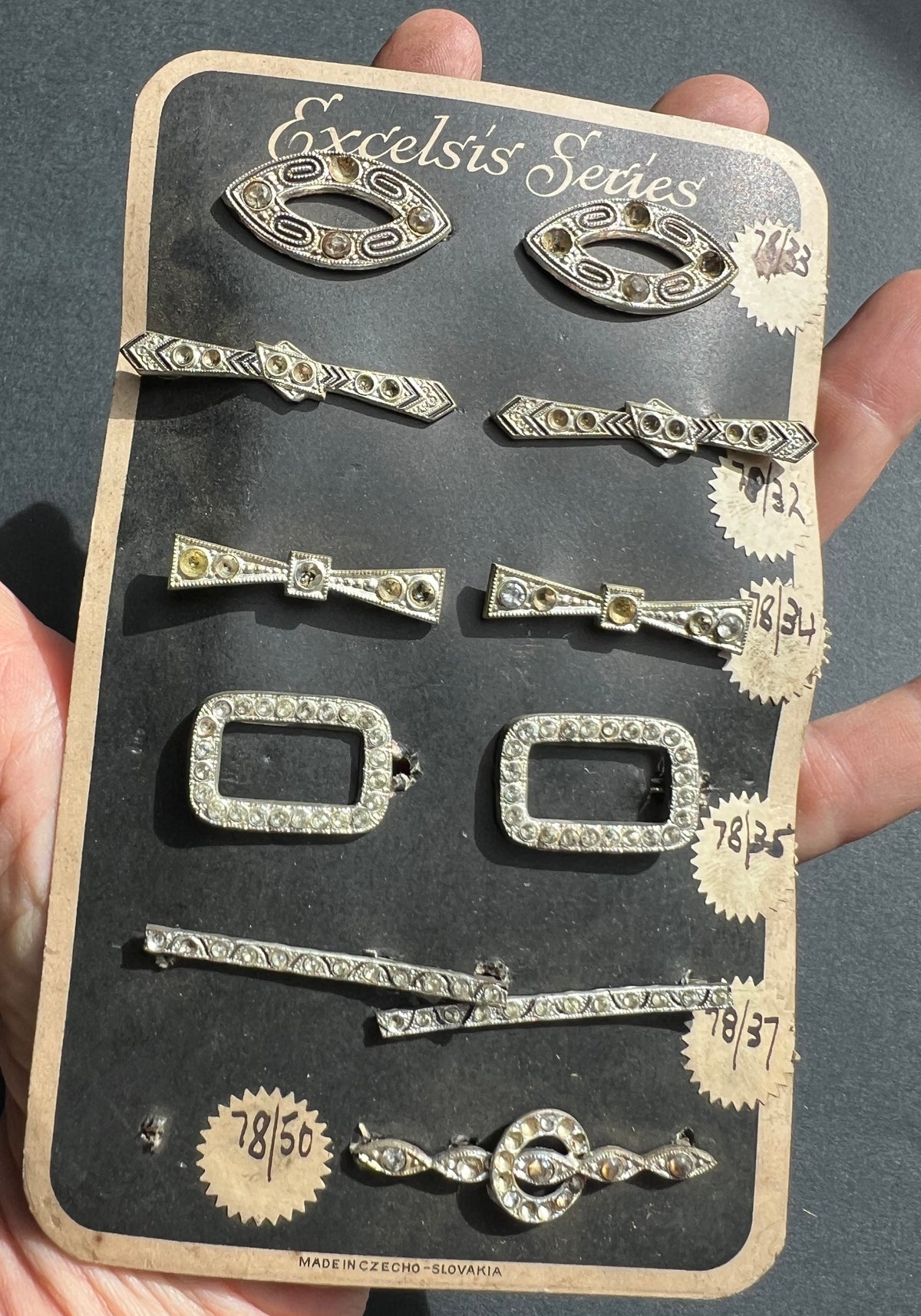 Made in Czecho-Slovakia Sample Sheet of 11 Deco Hair Clips that Need Some Crystals Replacing
