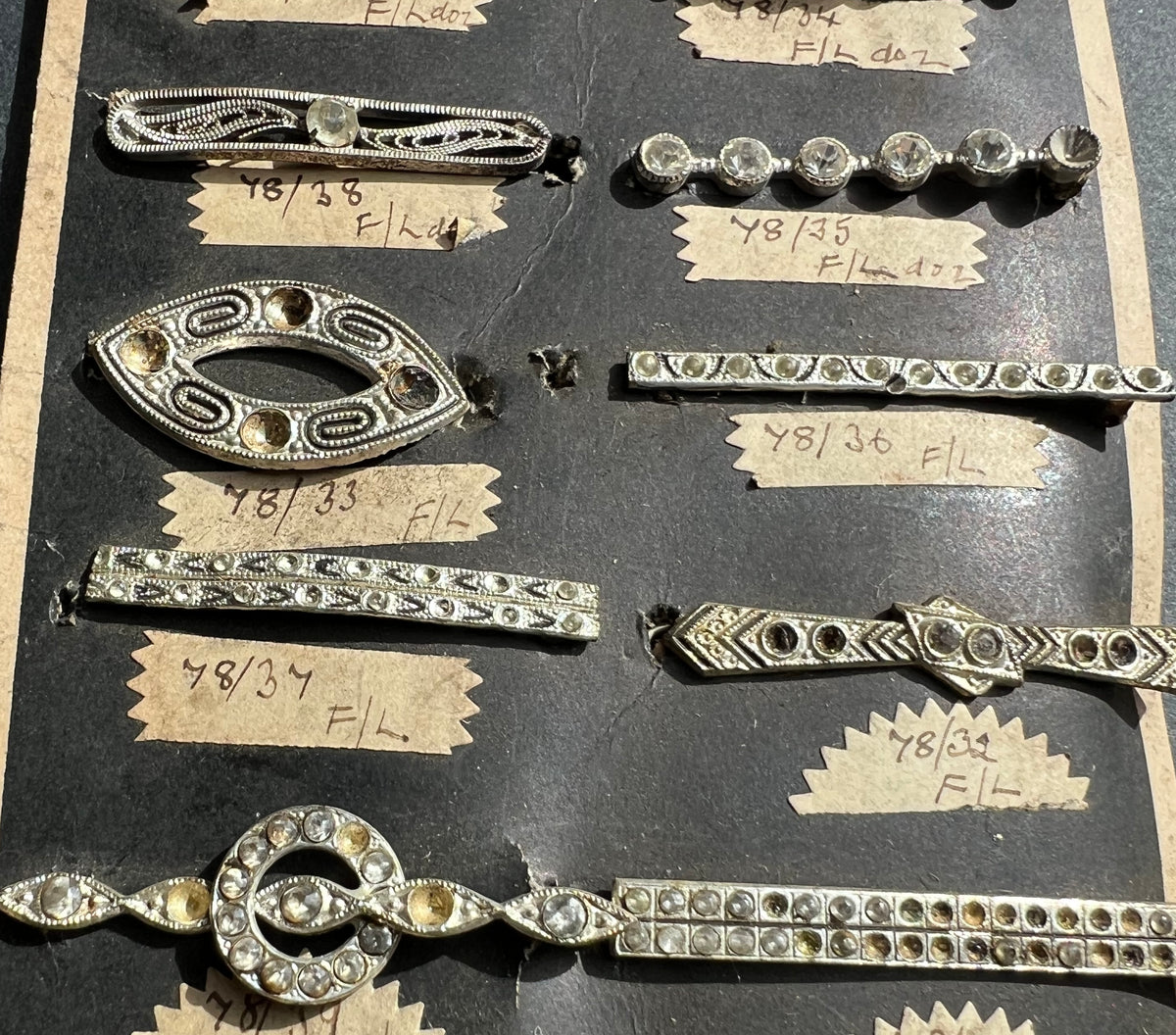 Made in Czecho-Slovakia Sample Sheet of 12 Different Deco Hair Clips that Need Some Crystals Replacing