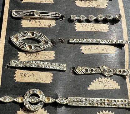 Made in Czecho-Slovakia Sample Sheet of 12 Different Deco Hair Clips that Need Some Crystals Replacing