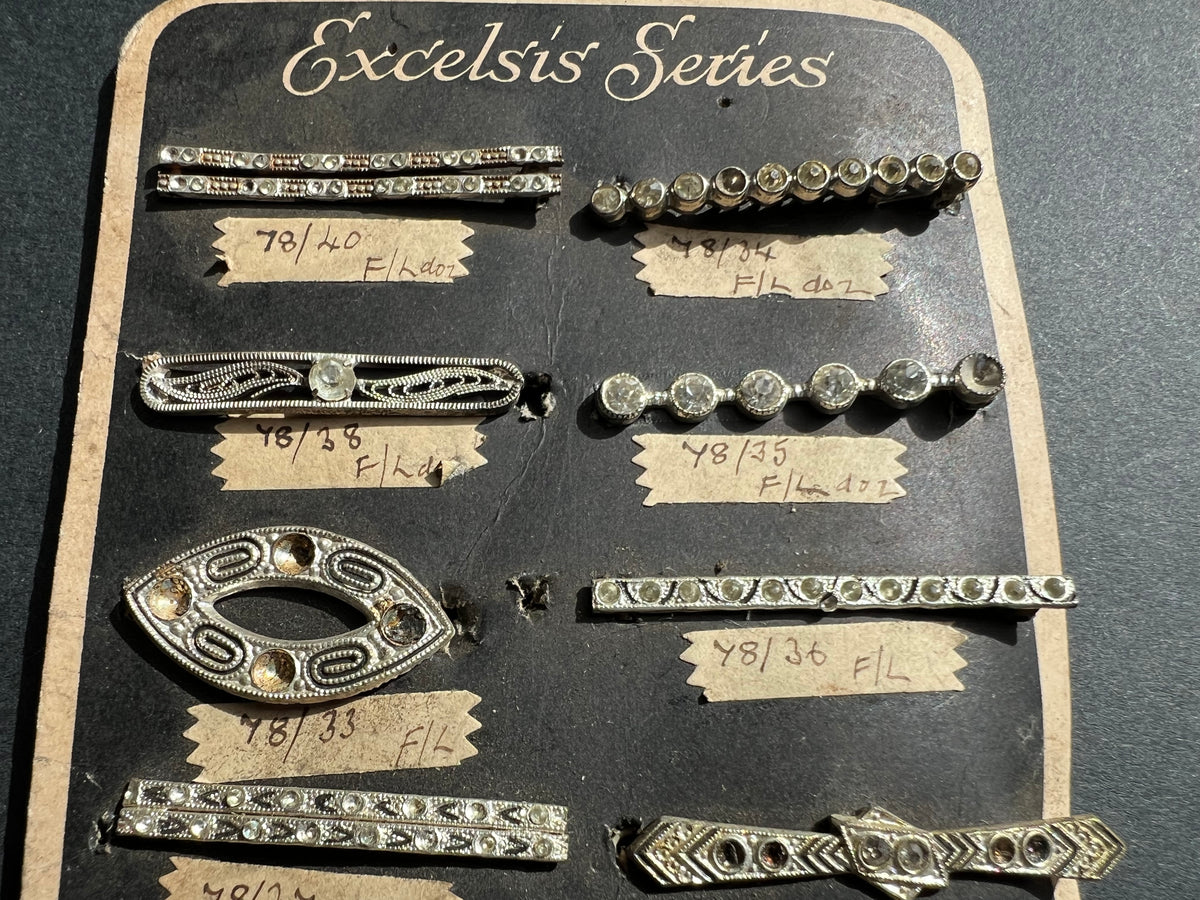 Made in Czecho-Slovakia Sample Sheet of 12 Different Deco Hair Clips that Need Some Crystals Replacing