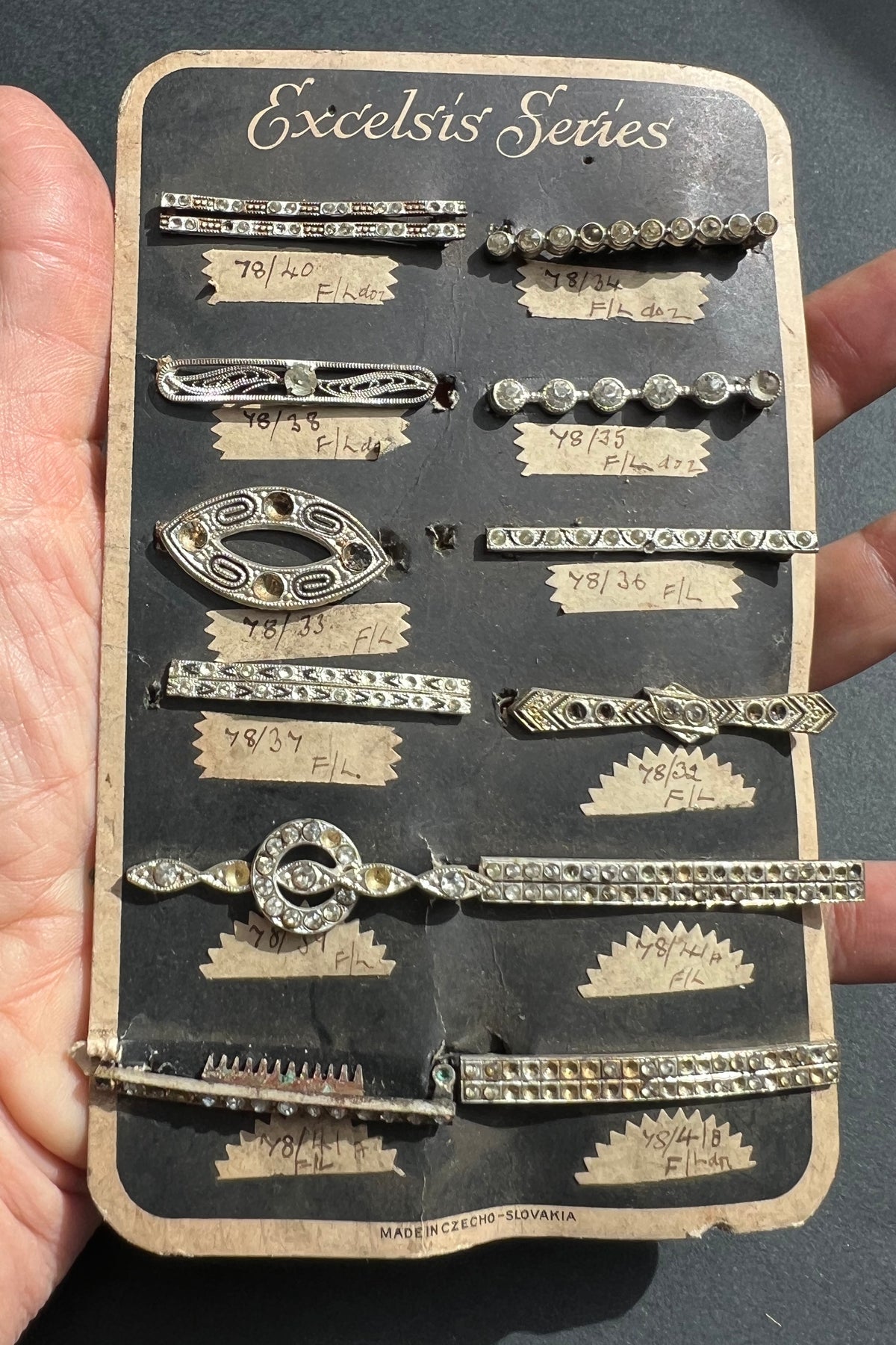 Made in Czecho-Slovakia Sample Sheet of 12 Different Deco Hair Clips that Need Some Crystals Replacing
