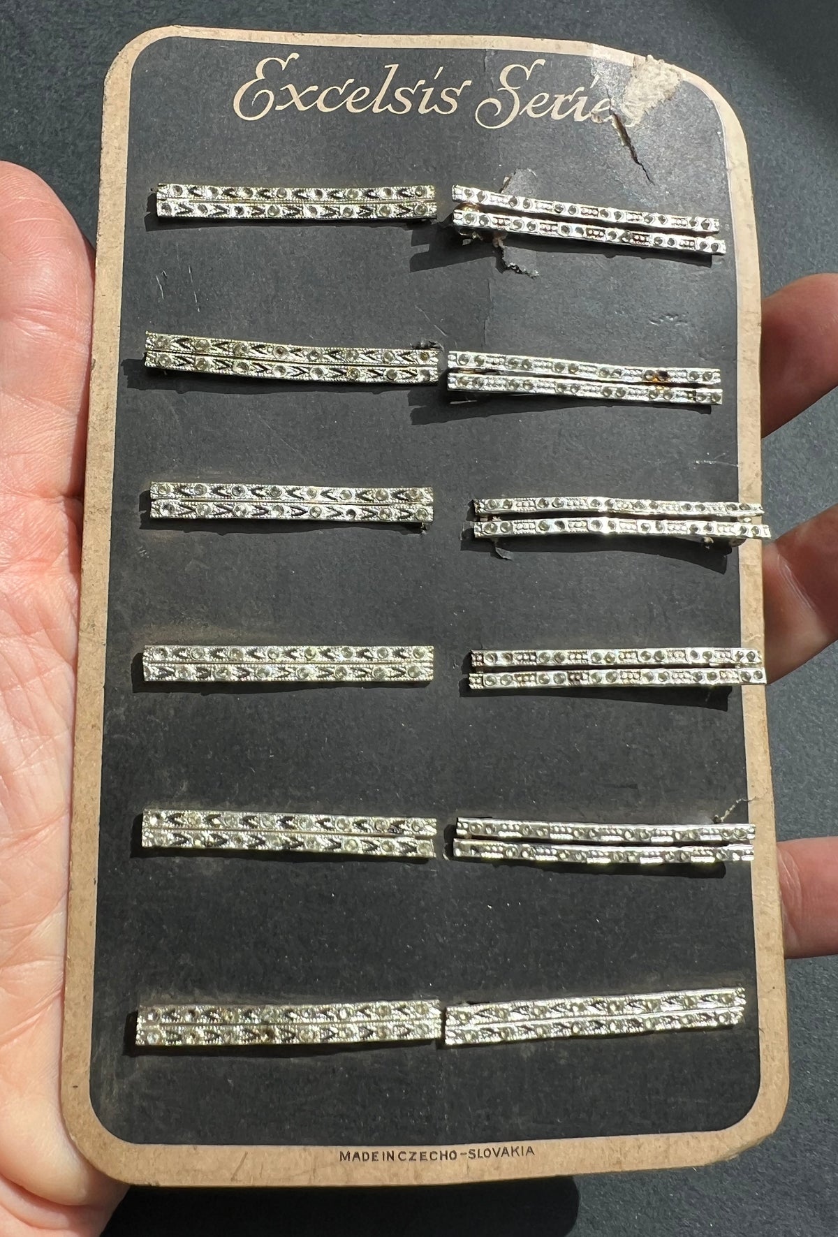 1930s Made in Czecho-Slovakia Sheet of 12  Hair Clips that Need Some Crystals Replacing