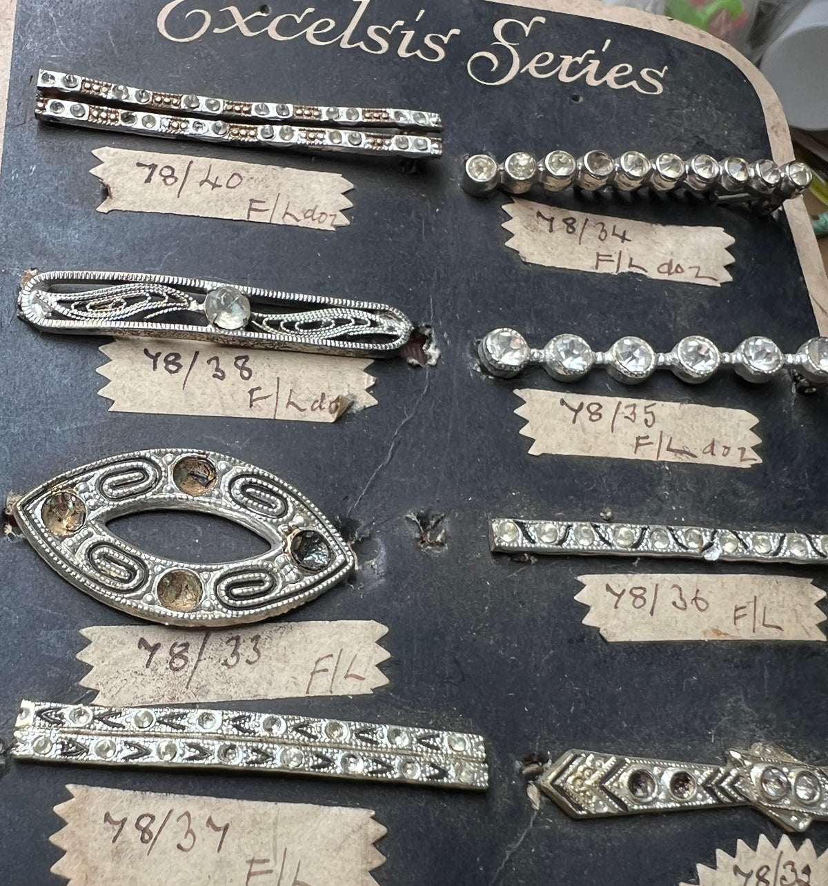 Made in Czecho-Slovakia Sample Sheet of 12 Different Deco Hair Clips that Need Some Crystals Replacing