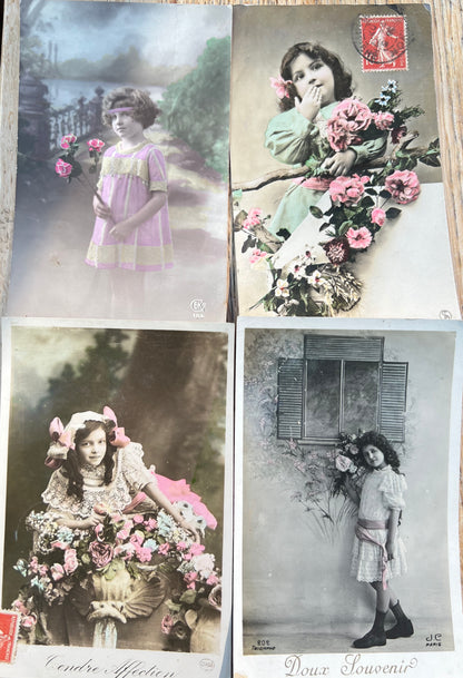 8 Pretty Early C20th French Postcards of Children with Flowers
