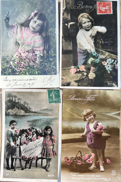 8 Pretty Early C20th French Postcards of Children with Flowers