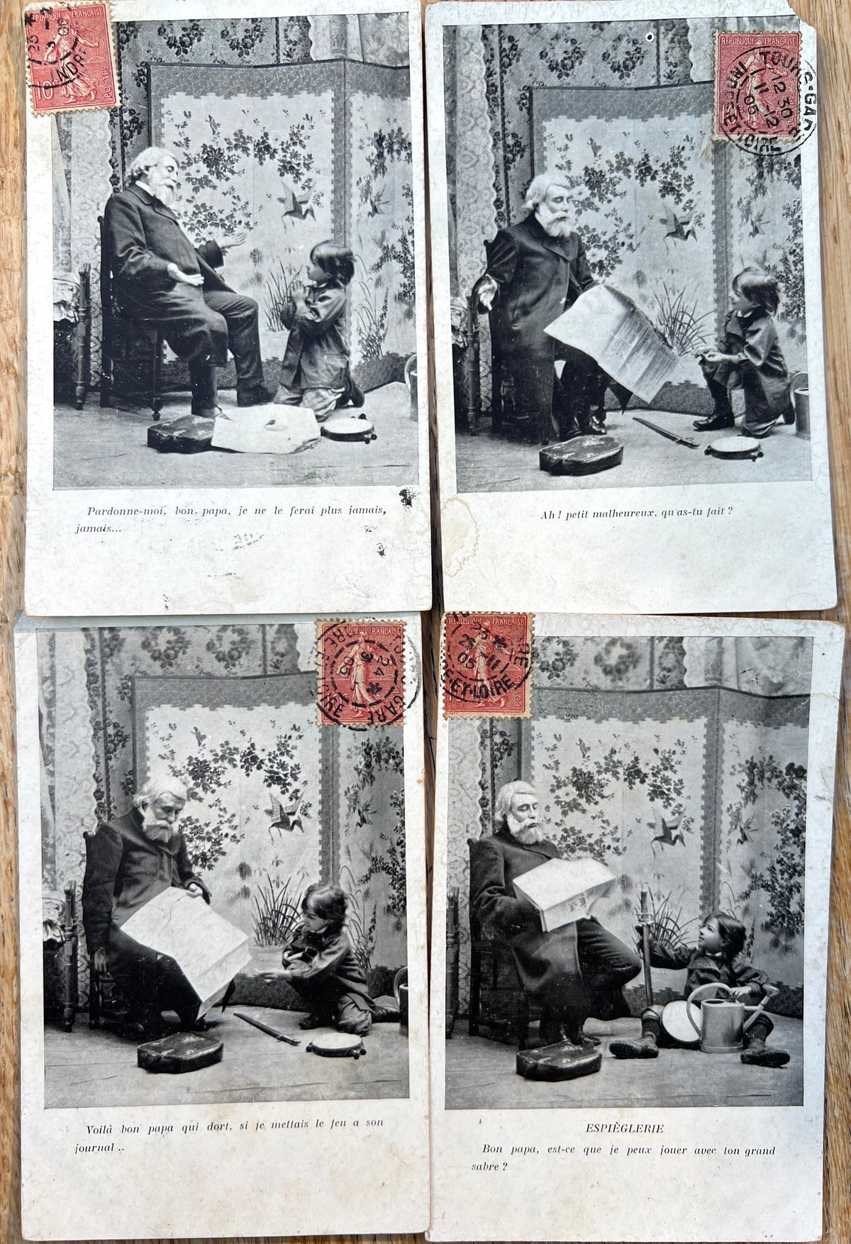 Series of 4 Humorous French Postcards from 1905 of an Old Father and a Young Son