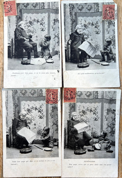 Series of 4 Humorous French Postcards from 1905 of an Old Father and a Young Son