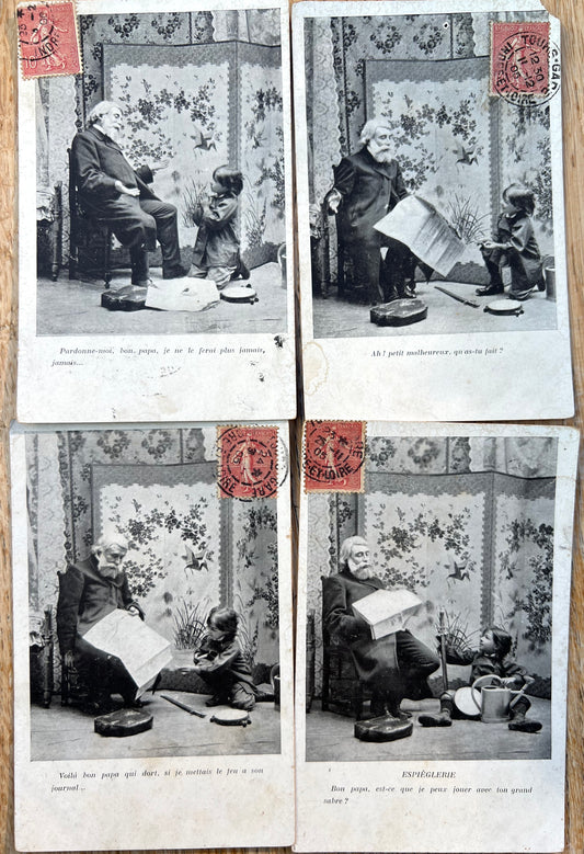 Series of 4 Humorous French Postcards from 1905 of an Old Father and a Young Son