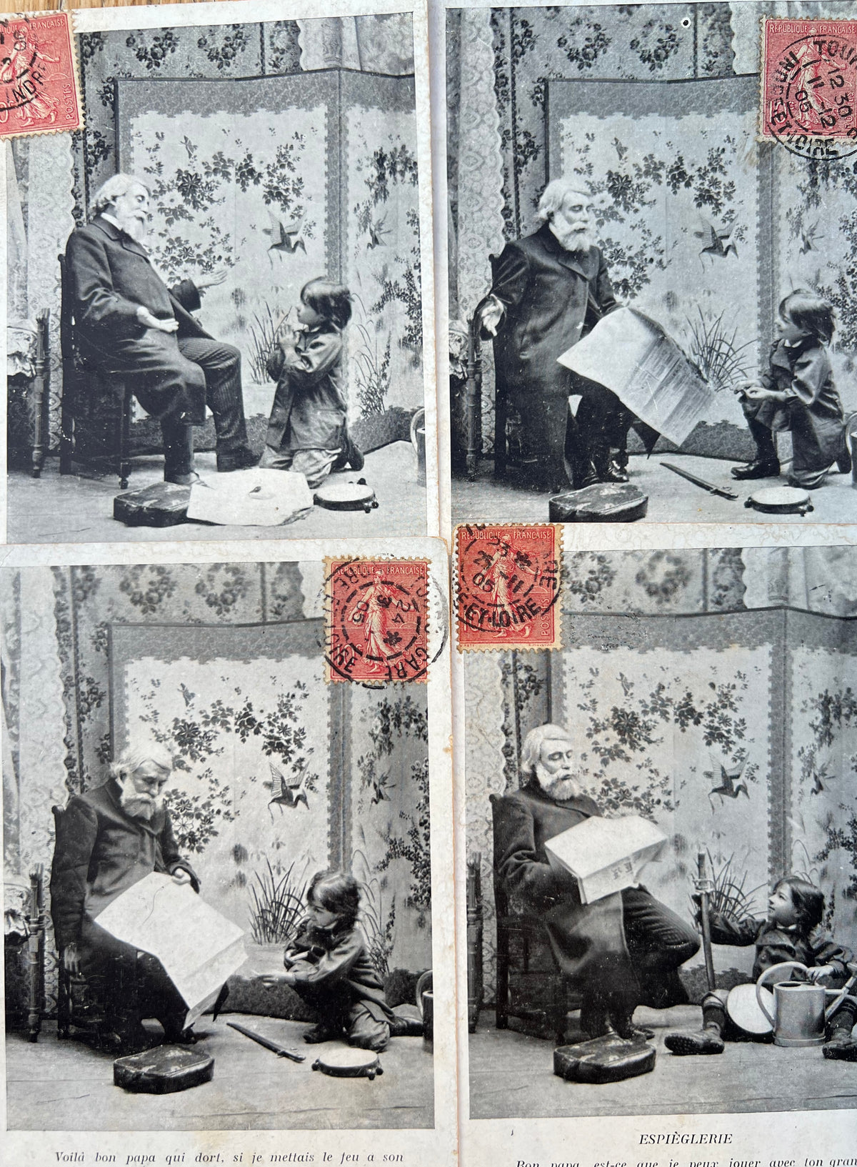 Series of 4 Humorous French Postcards from 1905 of an Old Father and a Young Son