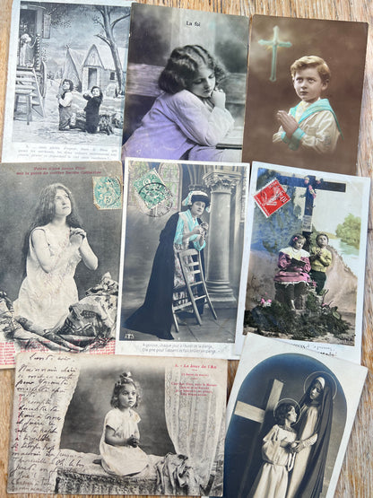 8 French Postcards from the 1900s of People Praying