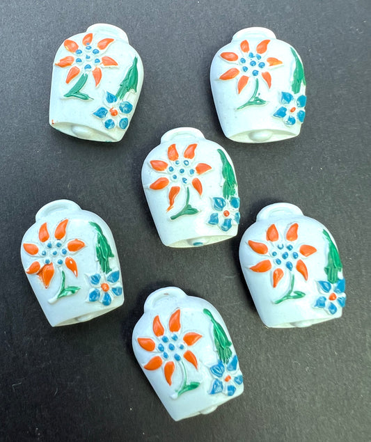 6 Unusual Vintage Italian White Cowbell Buttons - 2cm tall