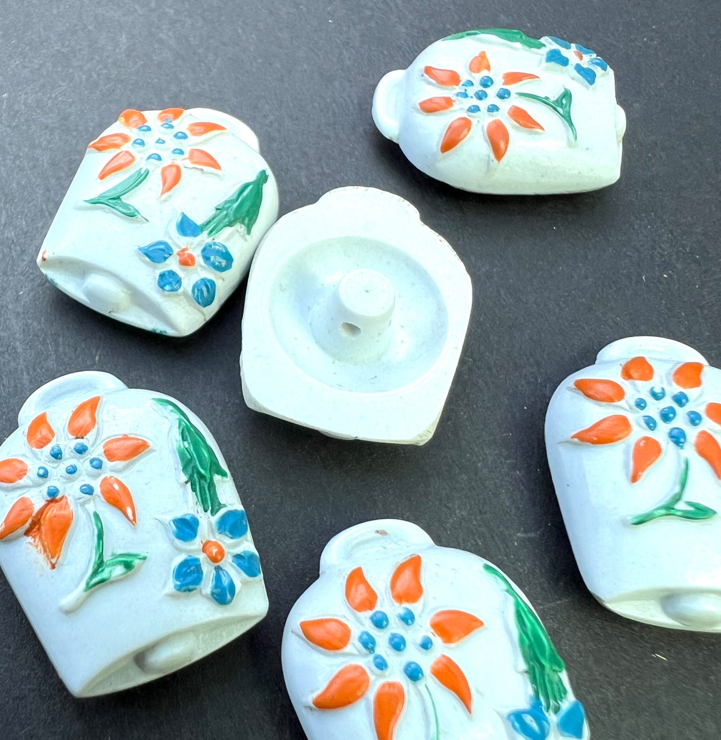 6 Unusual Vintage Italian White Cowbell Buttons - 2cm tall