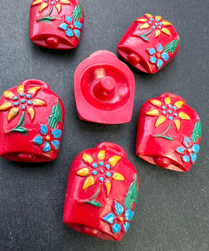 6 Unusual Vintage Italian Red Cowbell Buttons - 2cm tall