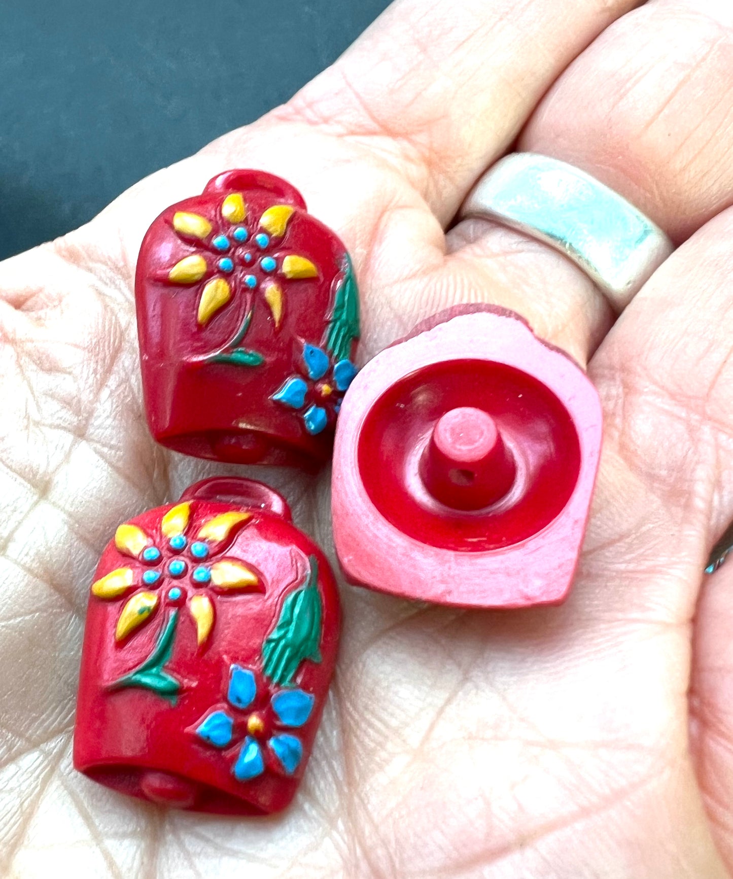 6 Unusual Vintage Italian Red Cowbell Buttons - 2cm tall