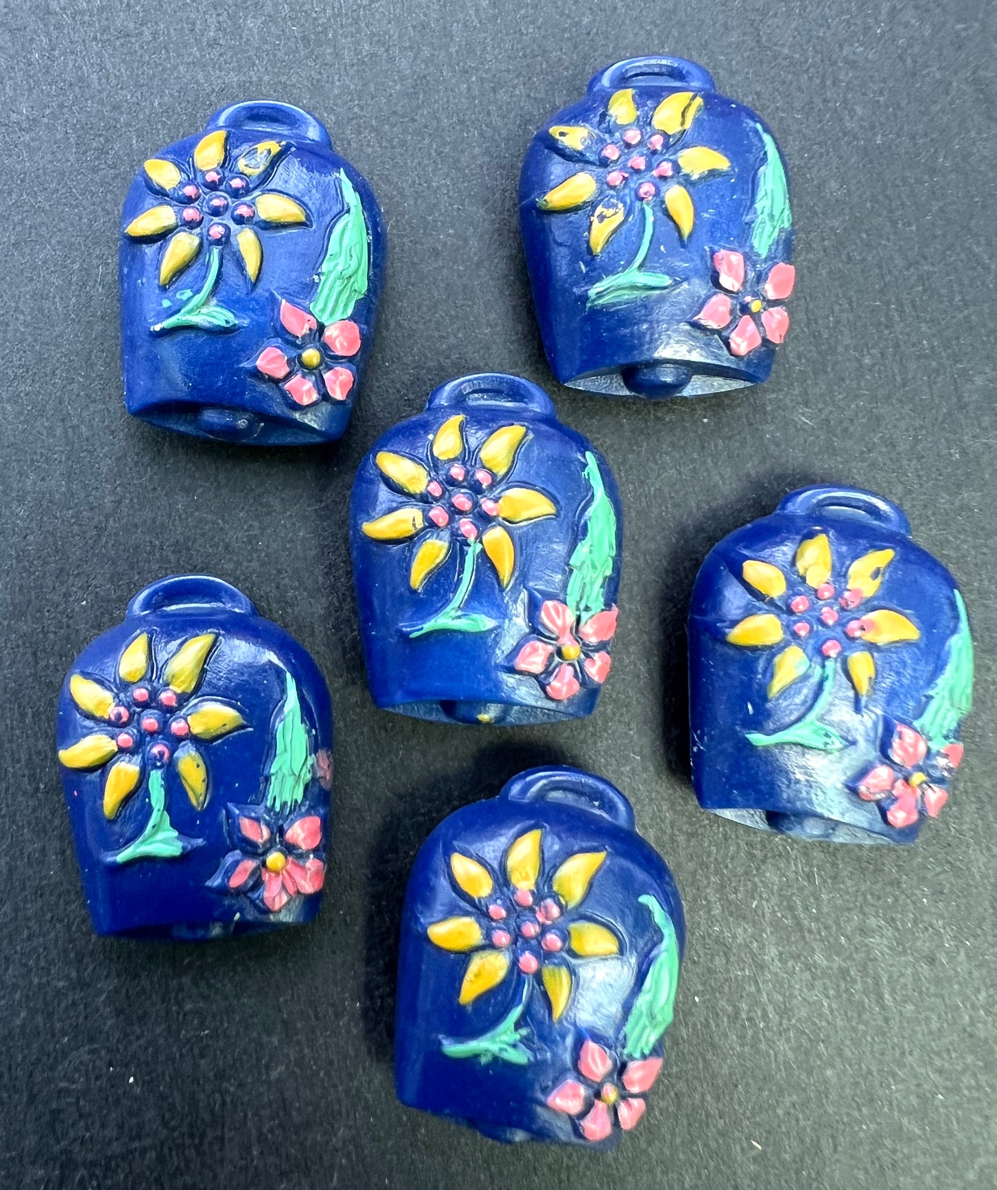 6 Unusual Vintage Italian Blue Cowbell Buttons - 2cm tall